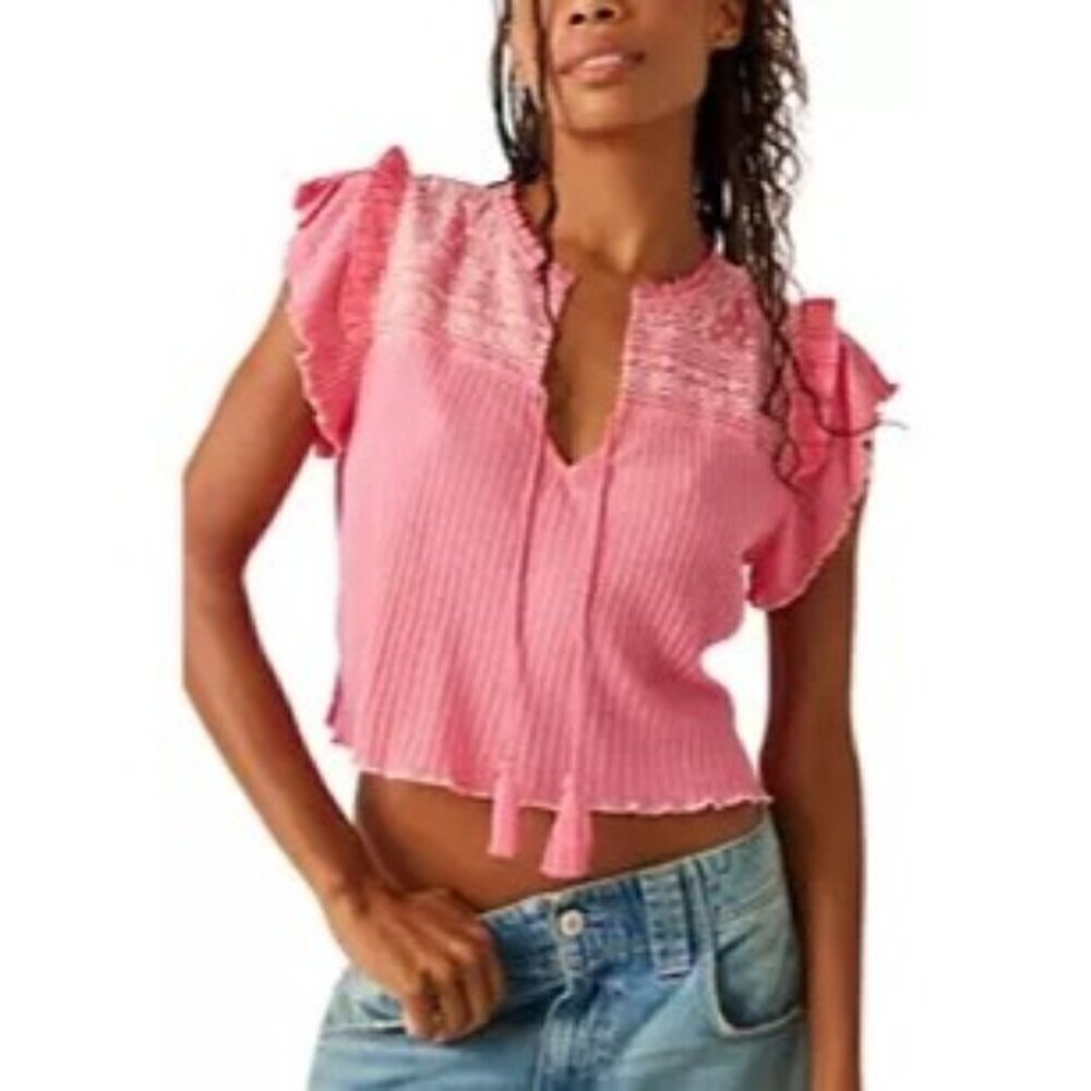 NWOT Free People Sarafina pink embroidered blouse size M